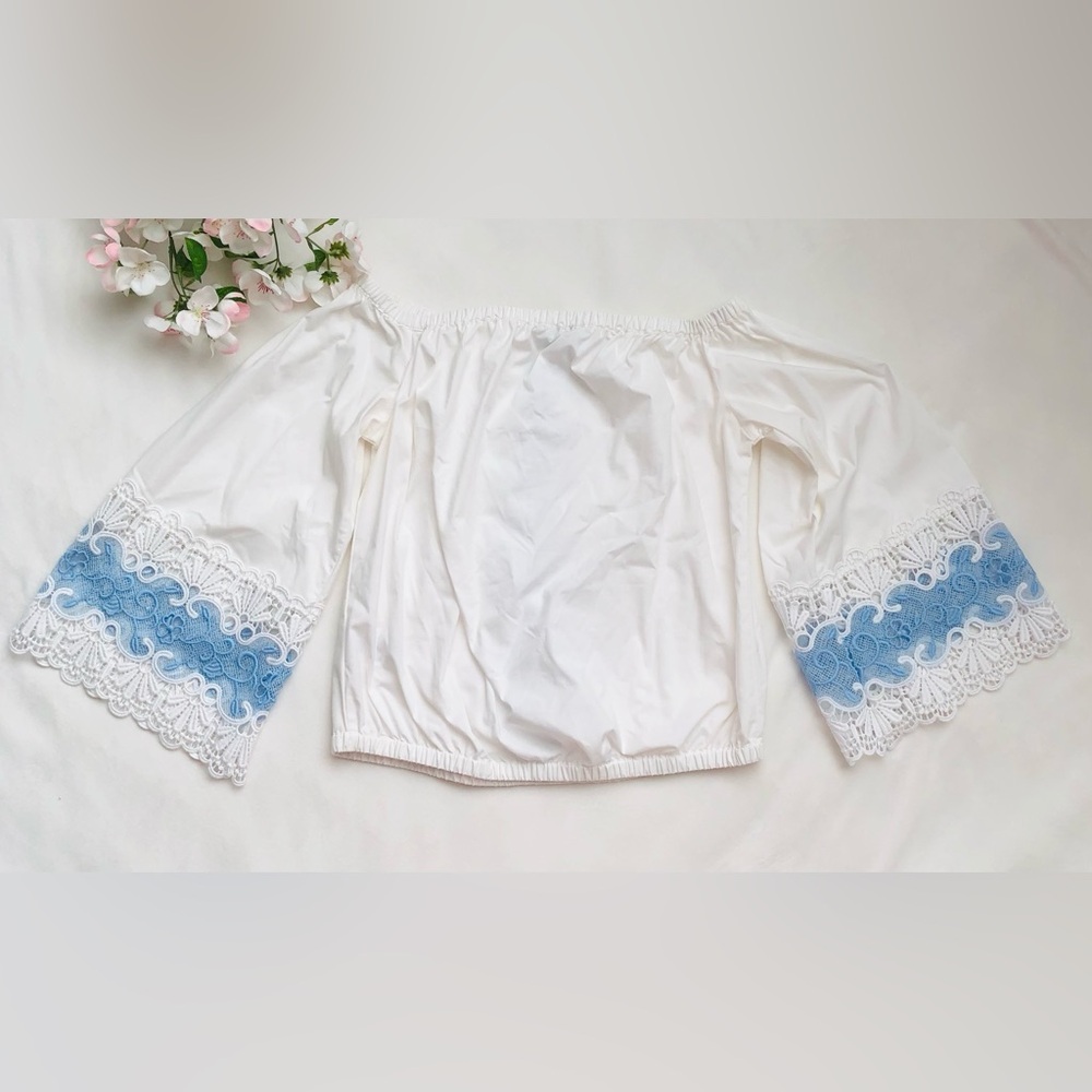 White Off-Shoulder Crop Top with Blue Lace Trim • Express Size XS - Picture 7 of 11